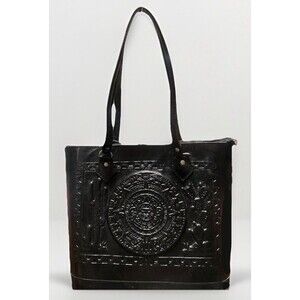 Vintage Mexican Black Hand Tooled Leather Tote Aztec Calendar Hecho en Mexico